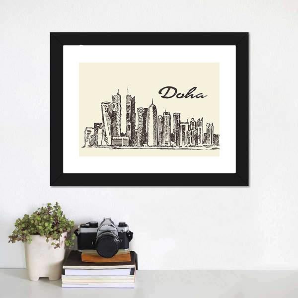 Doha Skyline Sketch Canvas Wall Art-3 Horizontal-Gallery Wrap-25" x 16"-Tiaracle