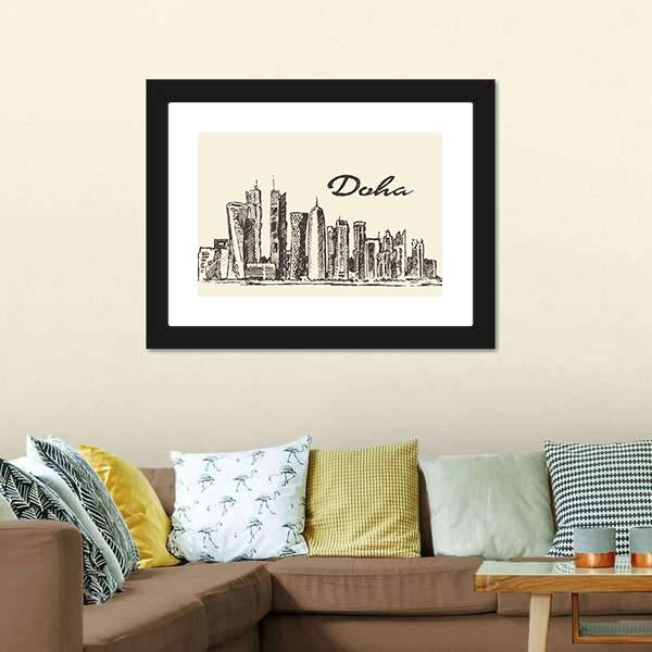 Doha Skyline Sketch Canvas Wall Art-1 Piece-Framed Print-20" x 16"-Tiaracle