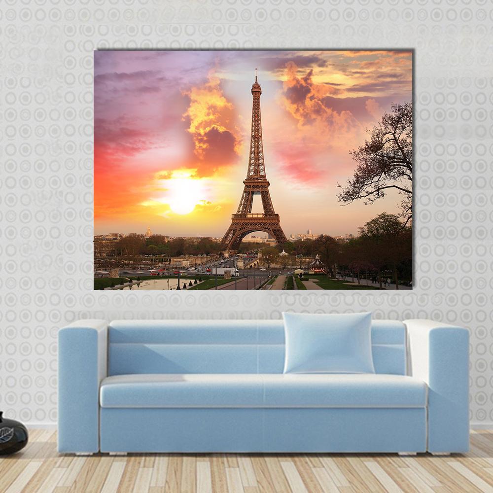 Eiffel Tower Against Sunset Canvas Wall Art-1 Piece-Gallery Wrap-48" x 32"-Tiaracle