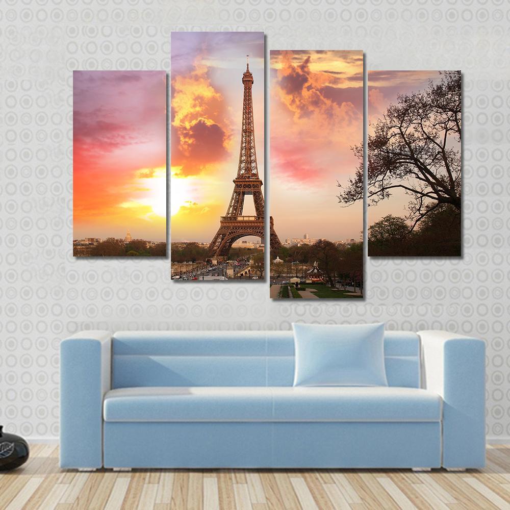 Eiffel Tower Against Sunset Canvas Wall Art-4 Pop-Gallery Wrap-50" x 32"-Tiaracle