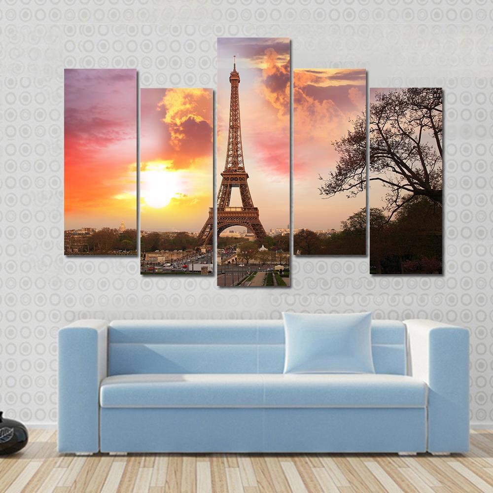 Eiffel Tower Against Sunset Canvas Wall Art-5 Pop-Gallery Wrap-47" x 32"-Tiaracle