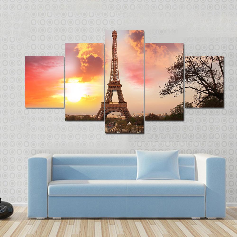 Eiffel Tower Against Sunset Canvas Wall Art-5 Star-Gallery Wrap-62" x 32"-Tiaracle