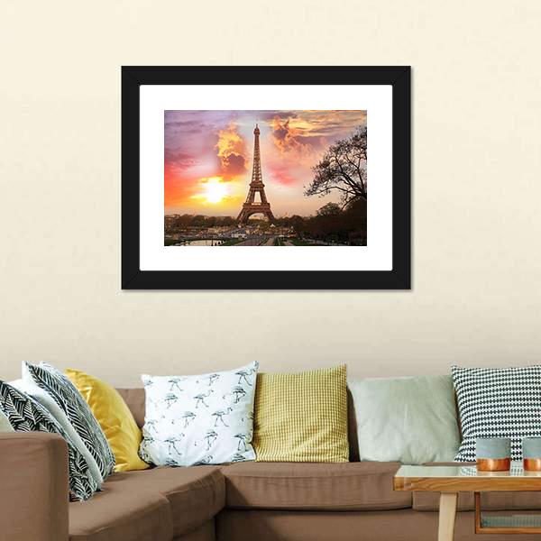 Eiffel Tower Against Sunset Canvas Wall Art-1 Piece-Framed Print-20" x 16"-Tiaracle