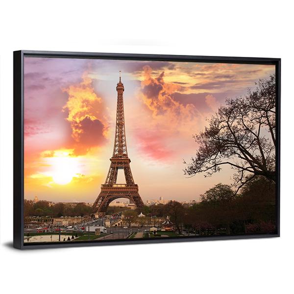 Eiffel Tower Against Sunset Canvas Wall Art-3 Horizontal-Gallery Wrap-25" x 16"-Tiaracle