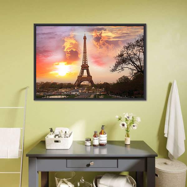 Eiffel Tower Against Sunset Canvas Wall Art-3 Horizontal-Gallery Wrap-25" x 16"-Tiaracle