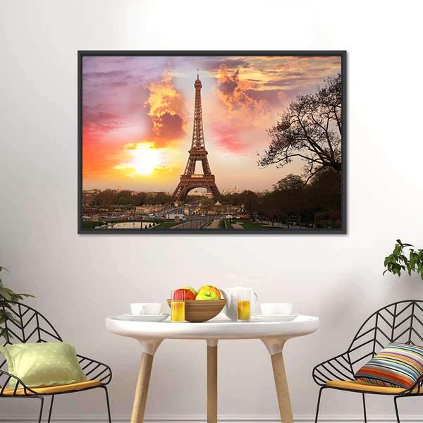 Eiffel Tower Against Sunset Canvas Wall Art-1 Piece-Floating Frame-24" x 16"-Tiaracle