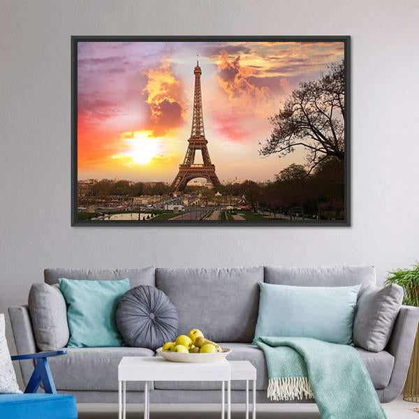 Eiffel Tower Against Sunset Canvas Wall Art-3 Horizontal-Gallery Wrap-25" x 16"-Tiaracle