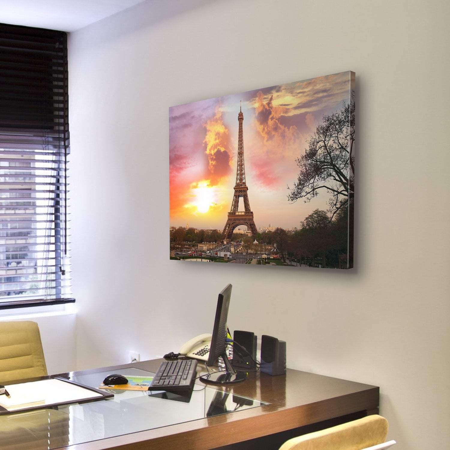 Eiffel Tower Against Sunset Canvas Wall Art-3 Horizontal-Gallery Wrap-25" x 16"-Tiaracle