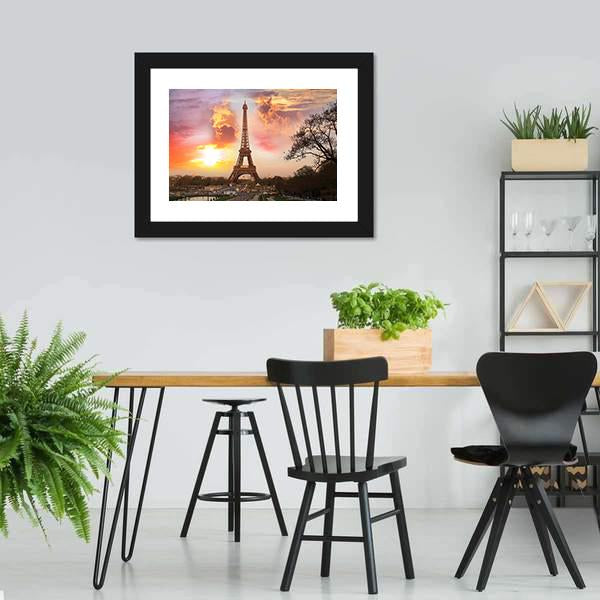 Eiffel Tower Against Sunset Canvas Wall Art-3 Horizontal-Gallery Wrap-25" x 16"-Tiaracle