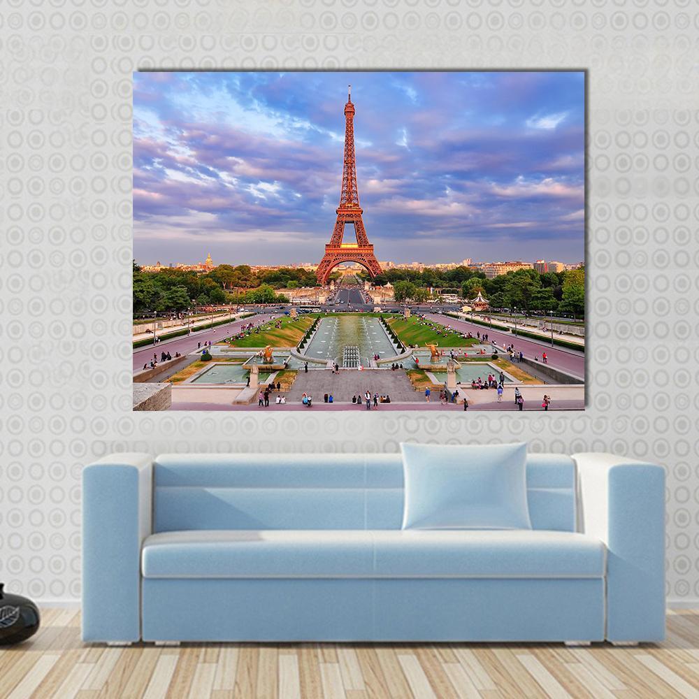 Eiffel Tower At Cloudy Sunset Canvas Wall Art-1 Piece-Gallery Wrap-48" x 32"-Tiaracle