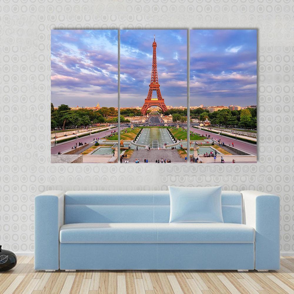 Eiffel Tower At Cloudy Sunset Canvas Wall Art-3 Horizontal-Gallery Wrap-37" x 24"-Tiaracle