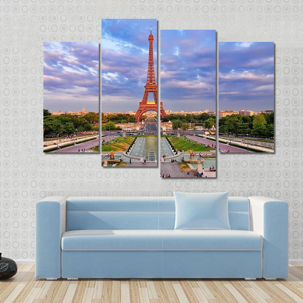 Eiffel Tower At Cloudy Sunset Canvas Wall Art-4 Pop-Gallery Wrap-50" x 32"-Tiaracle