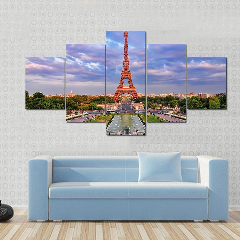 Eiffel Tower At Cloudy Sunset Canvas Wall Art-5 Star-Gallery Wrap-62" x 32"-Tiaracle