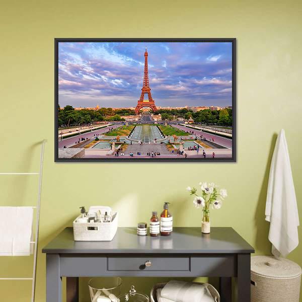 Eiffel Tower At Cloudy Sunset Canvas Wall Art-3 Horizontal-Gallery Wrap-25" x 16"-Tiaracle