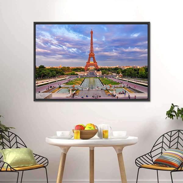 Eiffel Tower At Cloudy Sunset Canvas Wall Art-1 Piece-Floating Frame-24" x 16"-Tiaracle