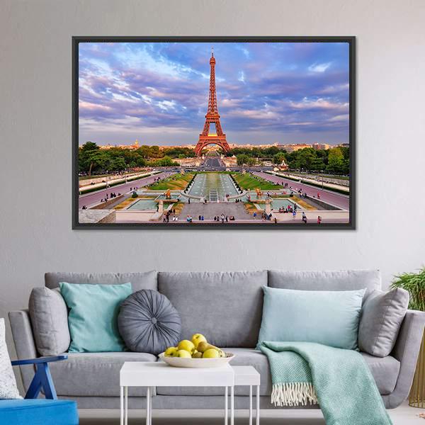 Eiffel Tower At Cloudy Sunset Canvas Wall Art-3 Horizontal-Gallery Wrap-25" x 16"-Tiaracle