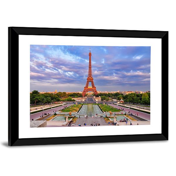 Eiffel Tower At Cloudy Sunset Canvas Wall Art-3 Horizontal-Gallery Wrap-25" x 16"-Tiaracle