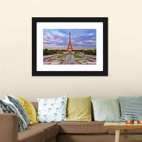 Eiffel Tower At Cloudy Sunset Canvas Wall Art-1 Piece-Framed Print-20" x 16"-Tiaracle