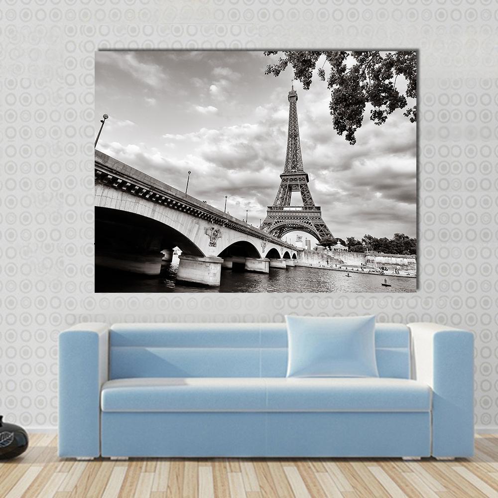 Eiffel Tower From Seine River Canvas Wall Art-1 Piece-Gallery Wrap-48" x 32"-Tiaracle