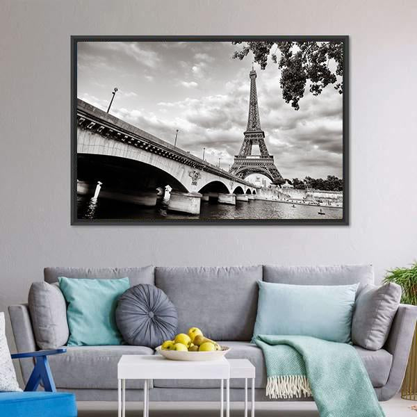 Eiffel Tower From Seine River Canvas Wall Art-3 Horizontal-Gallery Wrap-25" x 16"-Tiaracle