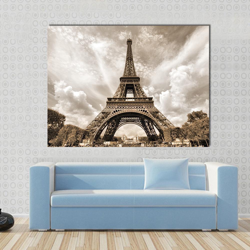 Eiffel Tower Under Clouds Canvas Wall Art-1 Piece-Gallery Wrap-48" x 32"-Tiaracle