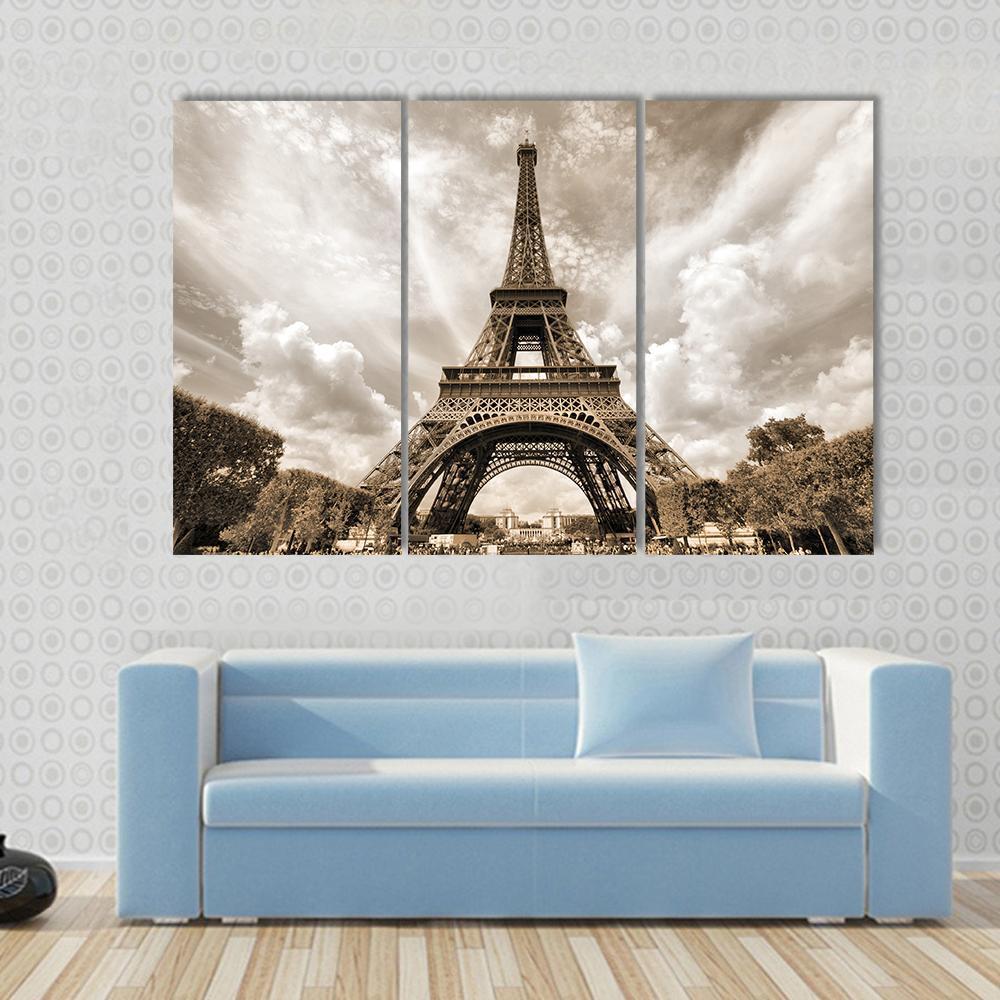 Eiffel Tower Under Clouds Canvas Wall Art-3 Horizontal-Gallery Wrap-37" x 24"-Tiaracle