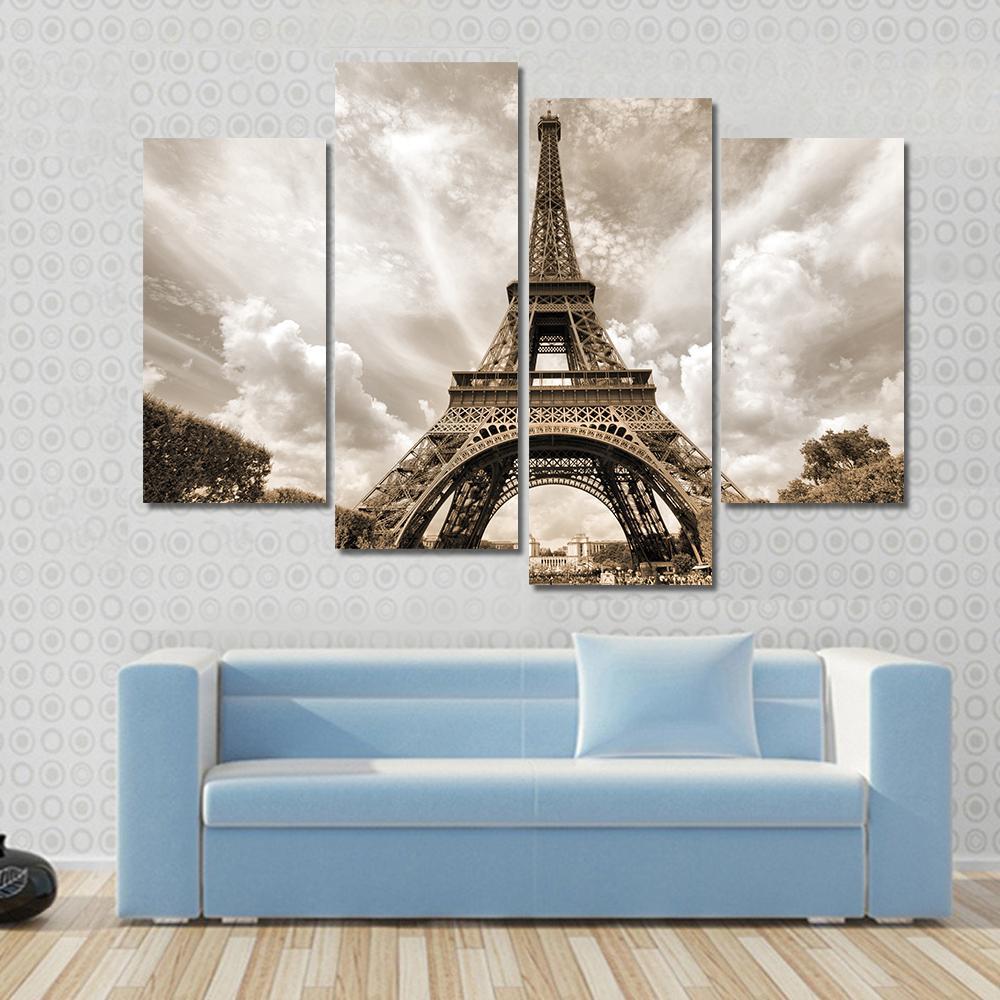 Eiffel Tower Under Clouds Canvas Wall Art-4 Pop-Gallery Wrap-50" x 32"-Tiaracle