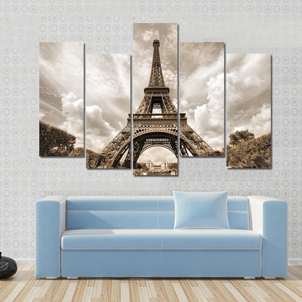 Eiffel Tower Under Clouds Canvas Wall Art-5 Pop-Gallery Wrap-47" x 32"-Tiaracle