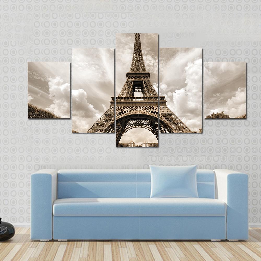 Eiffel Tower Under Clouds Canvas Wall Art-5 Star-Gallery Wrap-62" x 32"-Tiaracle