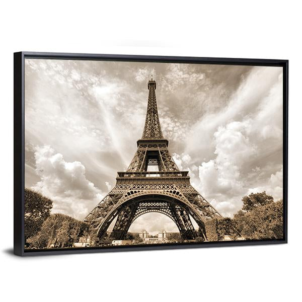 Eiffel Tower Under Clouds Canvas Wall Art-3 Horizontal-Gallery Wrap-25" x 16"-Tiaracle