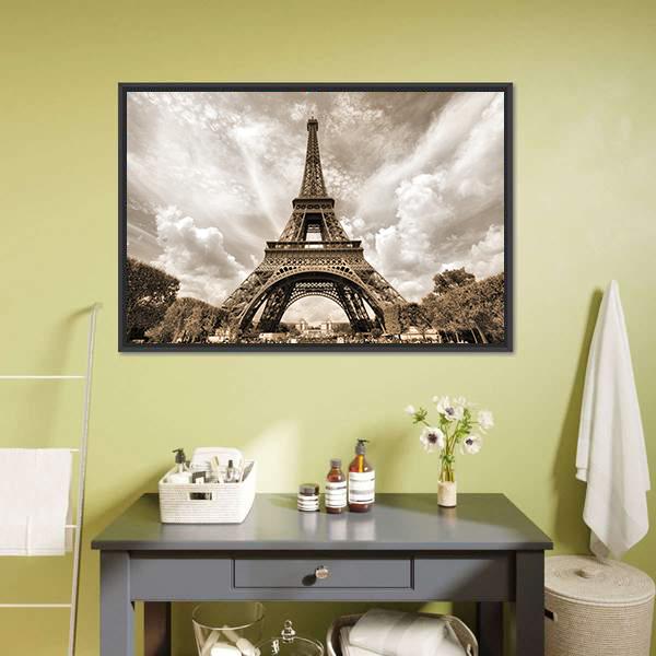 Eiffel Tower Under Clouds Canvas Wall Art-3 Horizontal-Gallery Wrap-25" x 16"-Tiaracle