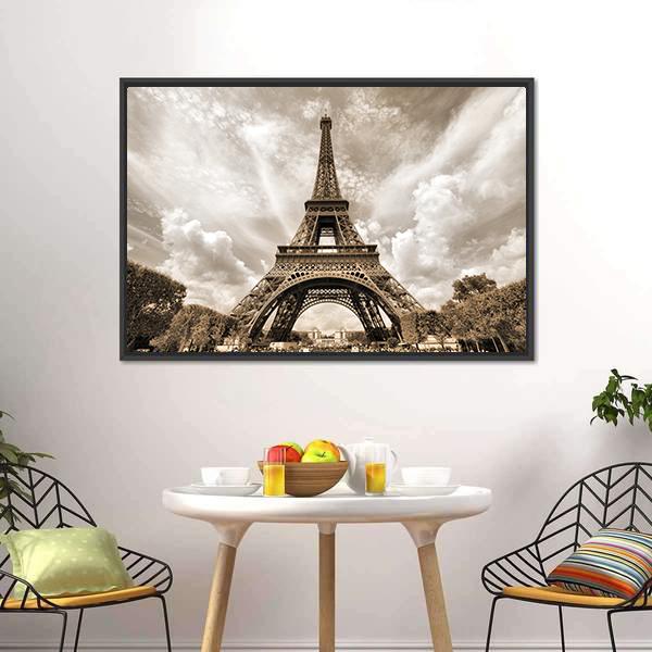 Eiffel Tower Under Clouds Canvas Wall Art-1 Piece-Floating Frame-24" x 16"-Tiaracle