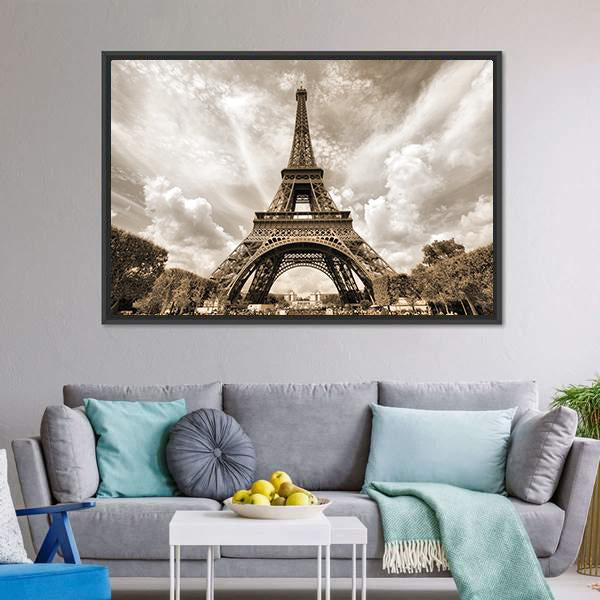 Eiffel Tower Under Clouds Canvas Wall Art-3 Horizontal-Gallery Wrap-25" x 16"-Tiaracle