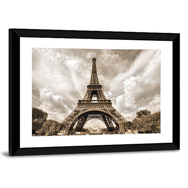 Eiffel Tower Under Clouds Canvas Wall Art-3 Horizontal-Gallery Wrap-25" x 16"-Tiaracle