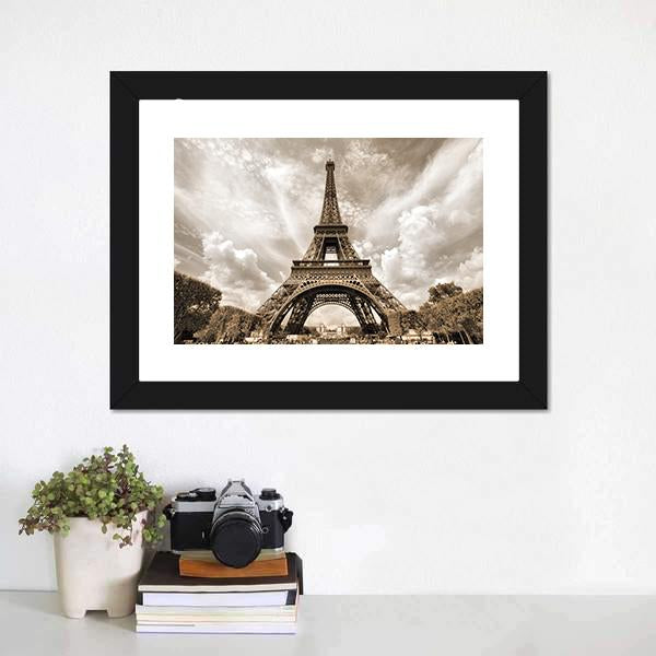 Eiffel Tower Under Clouds Canvas Wall Art-3 Horizontal-Gallery Wrap-25" x 16"-Tiaracle