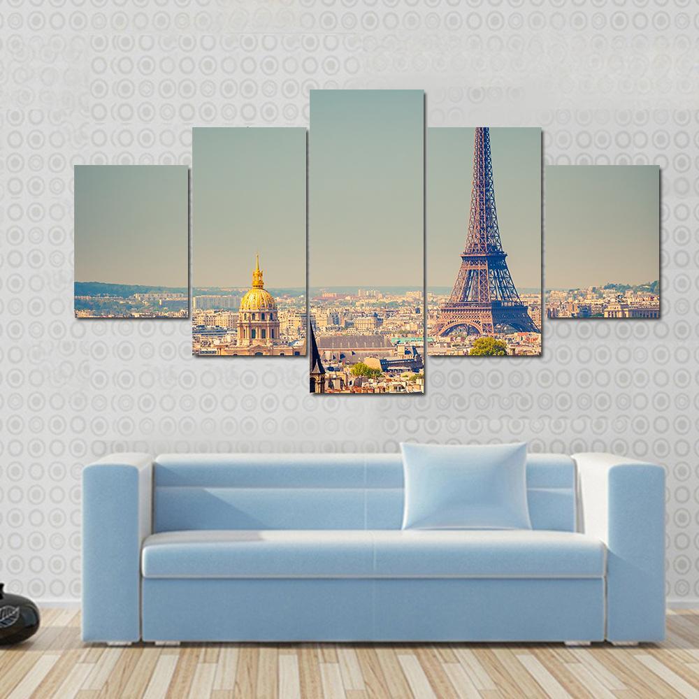 Eiffel Tower With City Canvas Wall Art-5 Star-Gallery Wrap-62" x 32"-Tiaracle