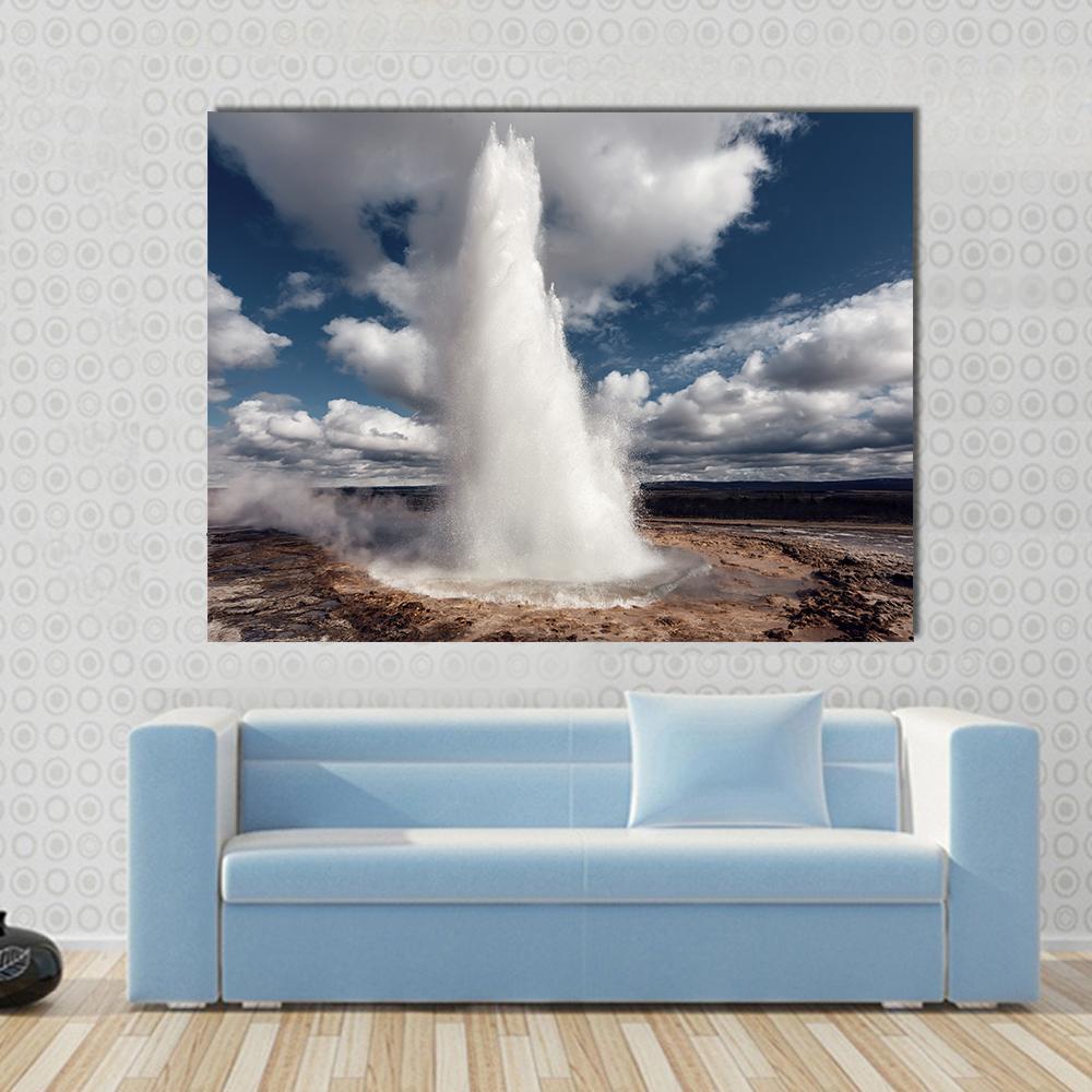 Eruption Of Strokkur Geyser Canvas Wall Art-1 Piece-Gallery Wrap-48" x 32"-Tiaracle