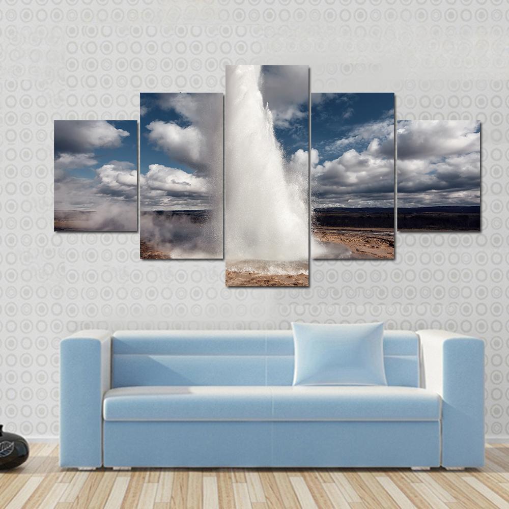 Eruption Of Strokkur Geyser Canvas Wall Art-5 Star-Gallery Wrap-62" x 32"-Tiaracle