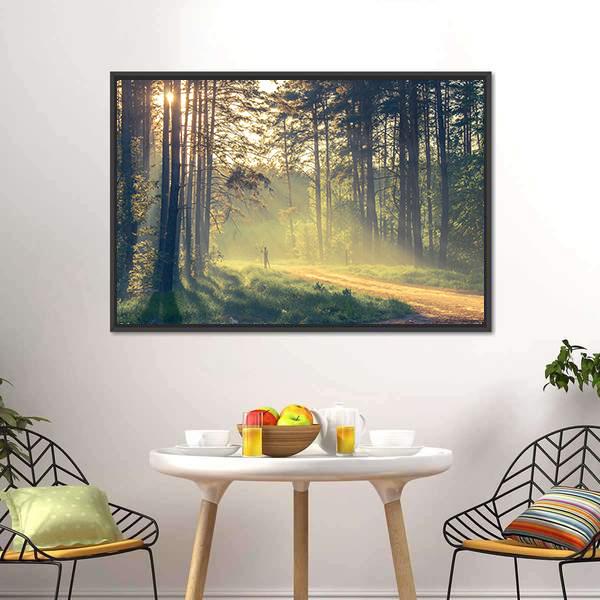 Evening Forest With Sun Canvas Wall Art-1 Piece-Floating Frame-24" x 16"-Tiaracle