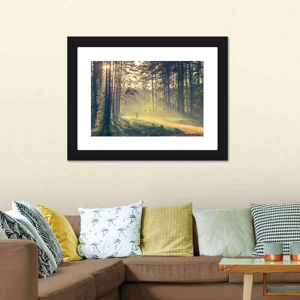 Evening Forest With Sun Canvas Wall Art-1 Piece-Framed Print-20" x 16"-Tiaracle