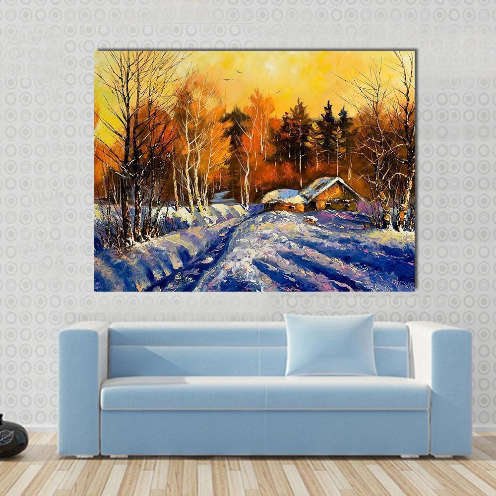 Evening In Winter Village Canvas Wall Art-1 Piece-Gallery Wrap-48" x 32"-Tiaracle