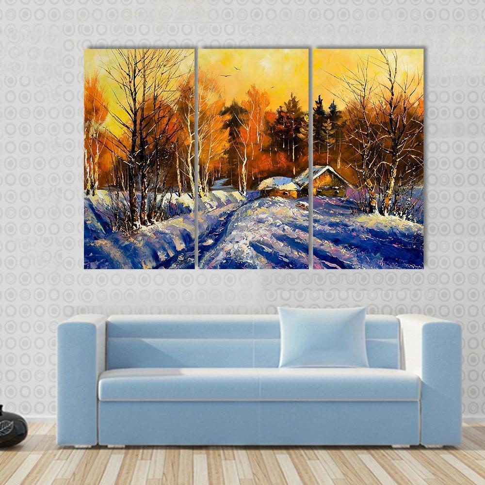 Evening In Winter Village Canvas Wall Art-3 Horizontal-Gallery Wrap-37" x 24"-Tiaracle