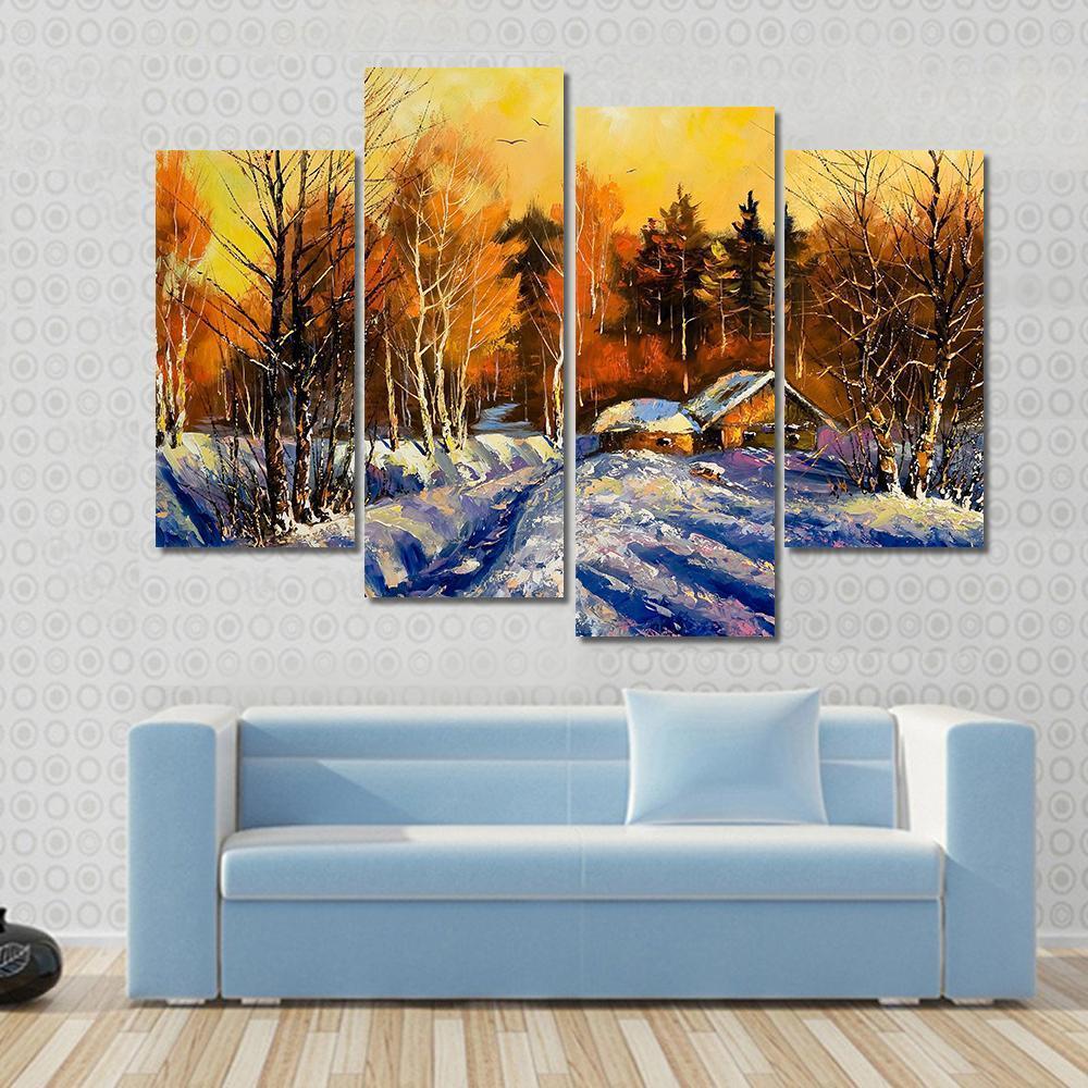 Evening In Winter Village Canvas Wall Art-4 Pop-Gallery Wrap-50" x 32"-Tiaracle