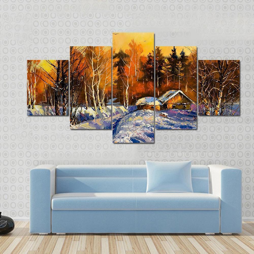 Evening In Winter Village Canvas Wall Art-5 Star-Gallery Wrap-62" x 32"-Tiaracle