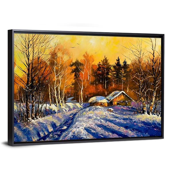 Evening In Winter Village Canvas Wall Art-3 Horizontal-Gallery Wrap-25" x 16"-Tiaracle