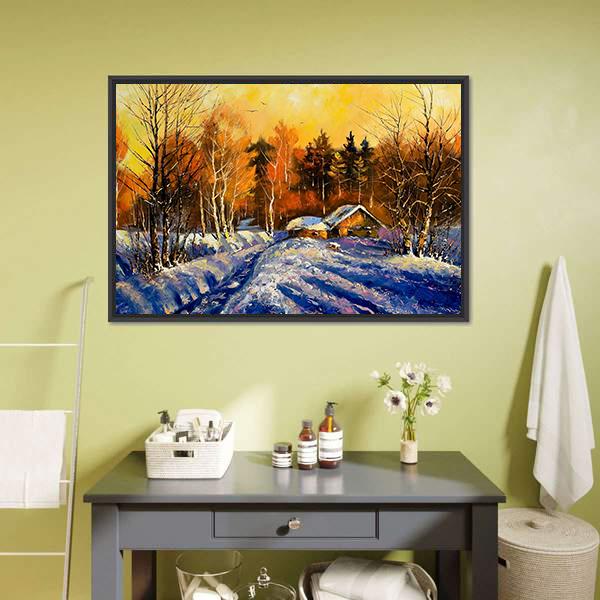 Evening In Winter Village Canvas Wall Art-3 Horizontal-Gallery Wrap-25" x 16"-Tiaracle