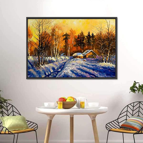 Evening In Winter Village Canvas Wall Art-1 Piece-Floating Frame-24" x 16"-Tiaracle