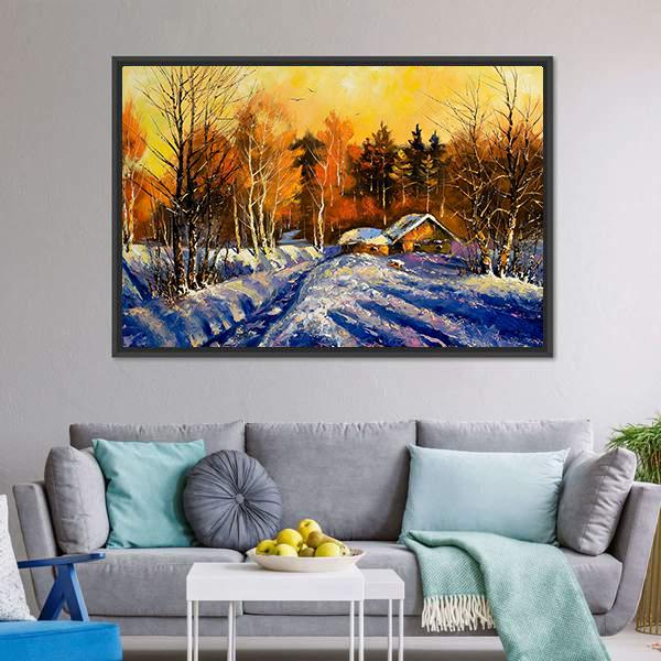 Evening In Winter Village Canvas Wall Art-3 Horizontal-Gallery Wrap-25" x 16"-Tiaracle