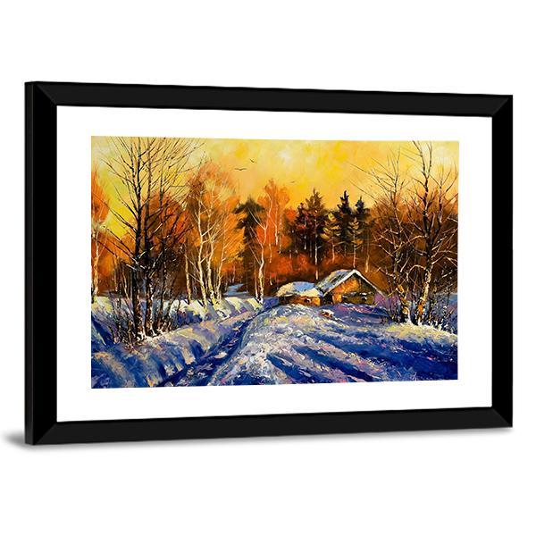 Evening In Winter Village Canvas Wall Art-3 Horizontal-Gallery Wrap-25" x 16"-Tiaracle