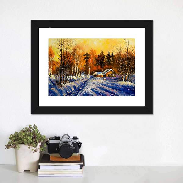 Evening In Winter Village Canvas Wall Art-3 Horizontal-Gallery Wrap-25" x 16"-Tiaracle